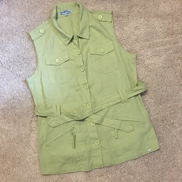 Paco Lime Green Linen Blend Sleeveless Button Up Utility Vest - Picture 10 of 14